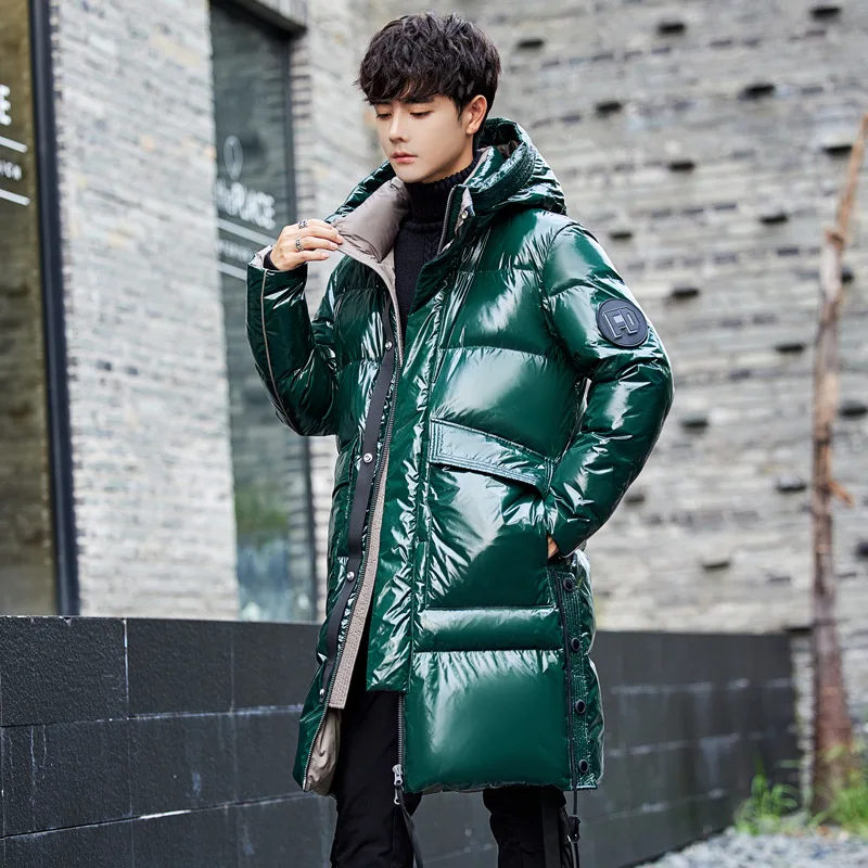 Green Glossy Down Jacket Loose Mens Long Handsome Trendy Thickened Coat Man 2021New White Duck Down Overcoat Hooded Men Clothing