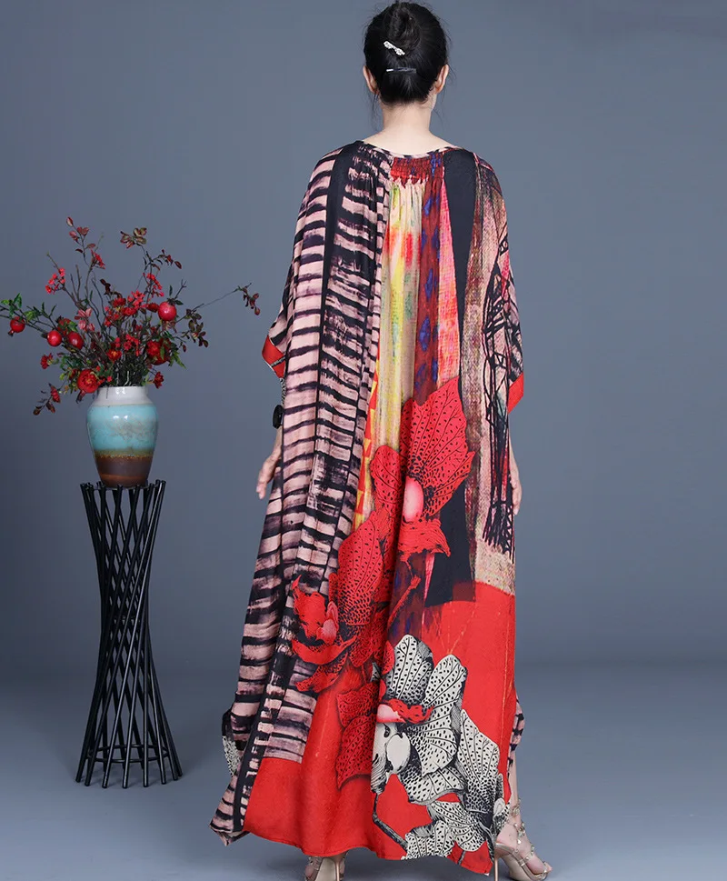 2021 Summer New Product V-Neck Rayon Dress Print Loose Large Size Temperament Noble Lady Long Skirt National Style R