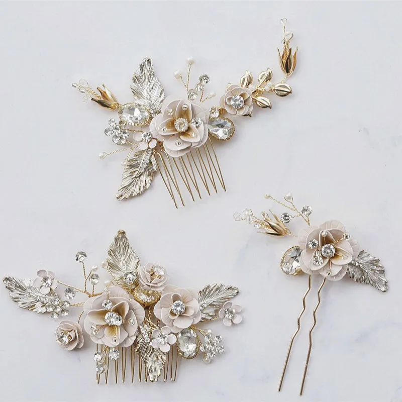 Hand Painted Floral Hair Comb Bridal Pin Vintage Leaf Headpiece Handmade Crystal Wedding Prom Women Hair Jewelry