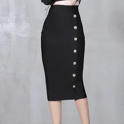 2024 Summer Elegant Midi Pencil Skirt High Waist Bandgae Skirt Black Elastic Bandage Skirts Button Women Clothes