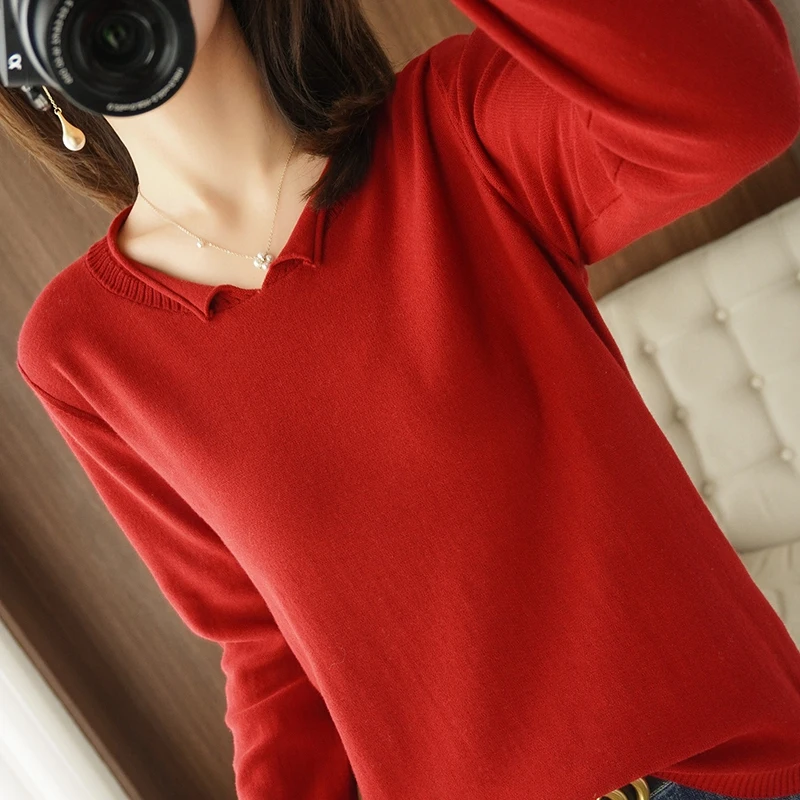 Cotton sweater women spring fall long-sleeved knit sweater pullover bottoming shirt Solid color all-match tops