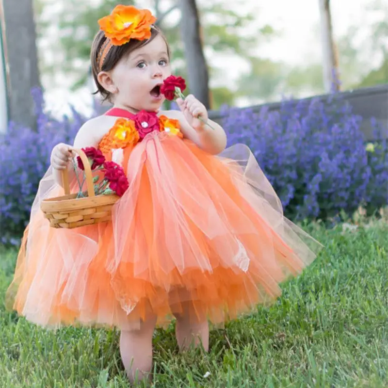 Baby Girls Orange Flower Lace Tutu Dress Kids Tulle Dress Ball Gown with Hairbow Children Birthday Halloween Party Costume Dress