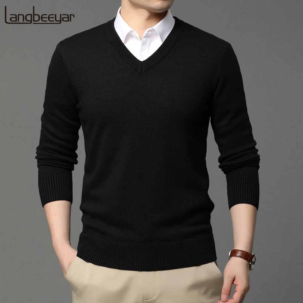 Jersey de punto de lana con cuello en V para hombre, ropa informal de otoño e invierno, color negro, 2023