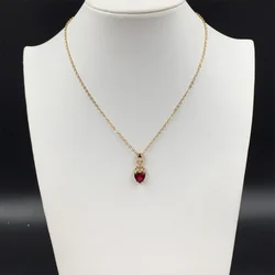 Lovely Gold Color Plating Red Stone Heart Charm Delicate Necklace For Women Girl Casual Pretty Jewel Tone Statement Accessory
