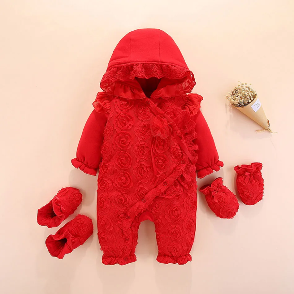 Baby Hooddied Jumpsuit 0 3 6 9 Months Infant Romper Newborn Baby Girl Clothes Fall Cotton Lace Princess Style Socks Headband rop