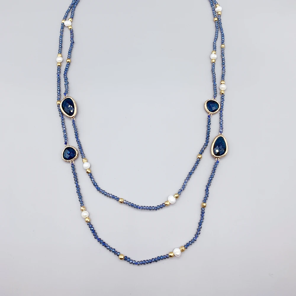 Irregular Blue Quartz Long Necklace With 2mm Crystals 5-6mm White Freshwater Pearls Hammered Gold Beads For Women Girls 50 Inch