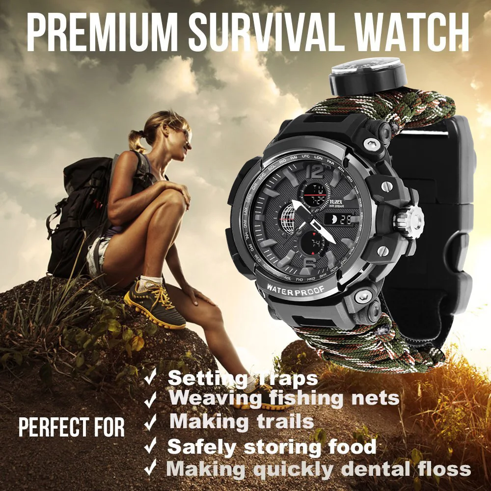 EDC Outdoor Survival Watch Multi-functional Emergency Gear Waterproof 50M Paracord Bracelet Watch for Men Women Camping Hiking