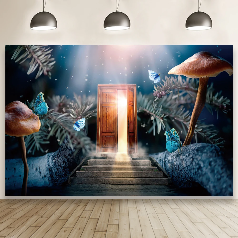 Laeacco Dongeng Fantasi Dunia Wonderland Latar Belakang Kupu-kupu Jamur Kamar Dekorasi Ulang Tahun Potret Fotografi Latar Belakang