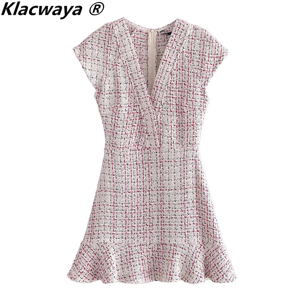 Klacwaya Women\'s Dress Tweed Textured Dresses Female Clothing Elegant For Women Vintage Ruffle Autumn Ladies Mini Dresses