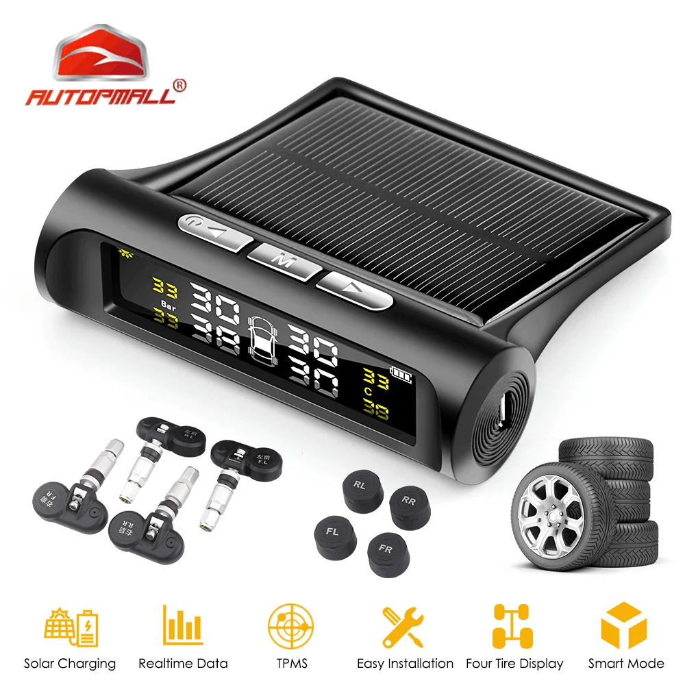 

Smart Tire Pressure Indicator TPMS Monitoring Alarm Solar power charging LCD Car Display Pressure Alarm monitoring system Sensor