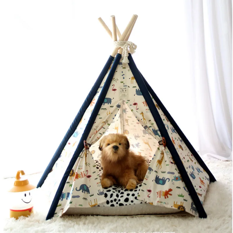 2021 Kawaii Animal Printing Dog Tent Canvas Wood Folding Tipi Cat Dogs Puppy Houses Bed House Teepee with Thick Cushion Caves