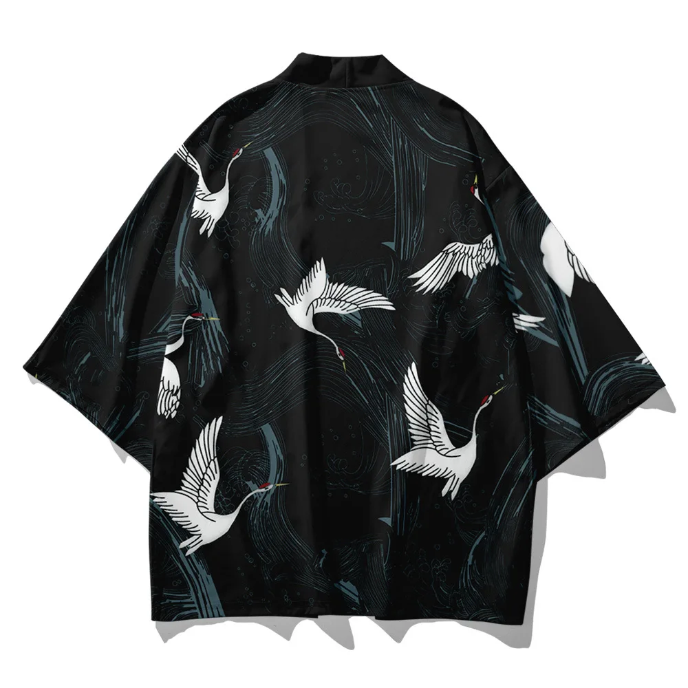 

Japanese Style Black Crane Print Kimono Jacket And Pant Suit Tops Streetwear Haori Men Cardigan Japan Robe Clothes Oversize