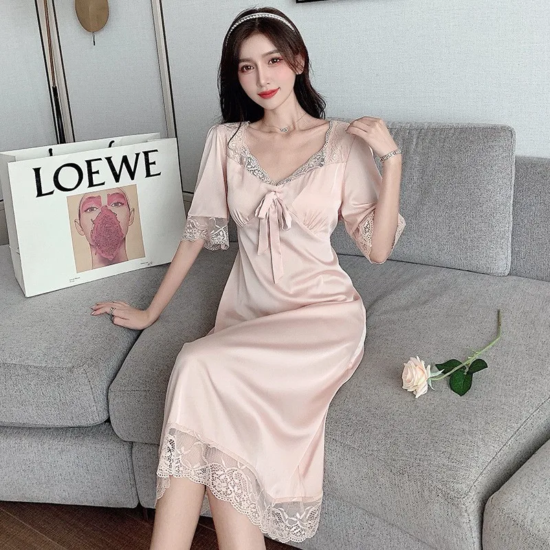 Sexy Long Nightdress For Women Spring Summer Rayon Nightgown Sleepwear White Patchwork Lace Home Dressing Gown Loose Nightwear