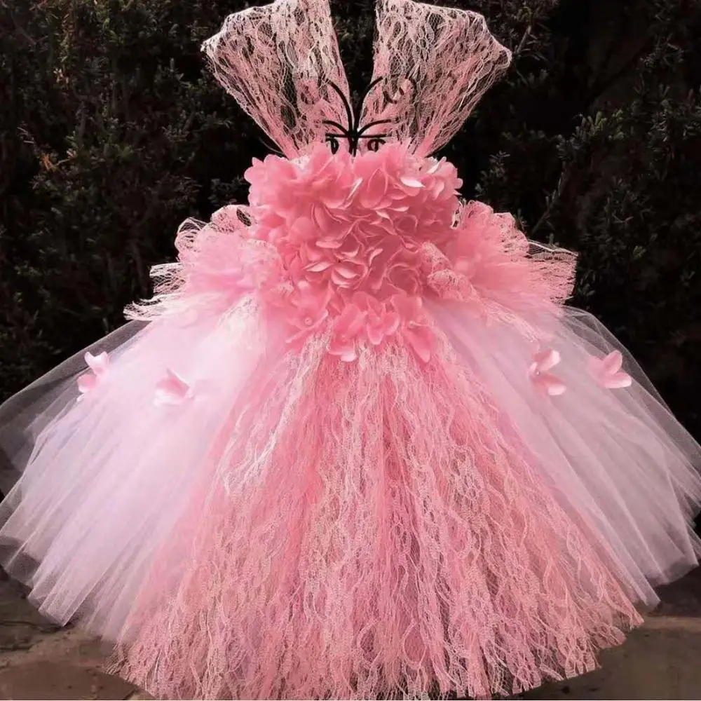 Girls Pink Petals Fairy Tutu Dress Kids Tulle Dress Ball Gown with Lace Strap Bow Children Wedding Party Costume Flower Dresses