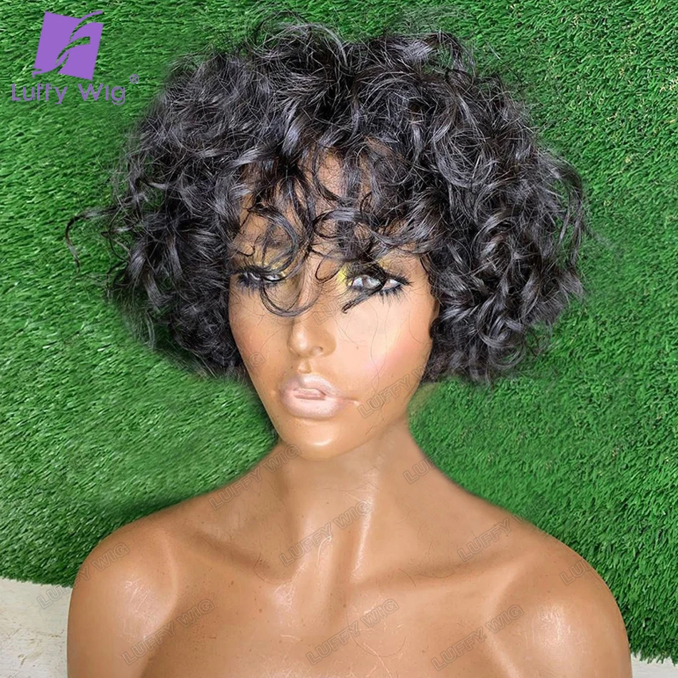 Luffywig-Short Curly Scalp Top peruca de cabelo humano com Franja para mulheres, 180 densidade, peruca Remy brasileira sem cola, máquina completa feita