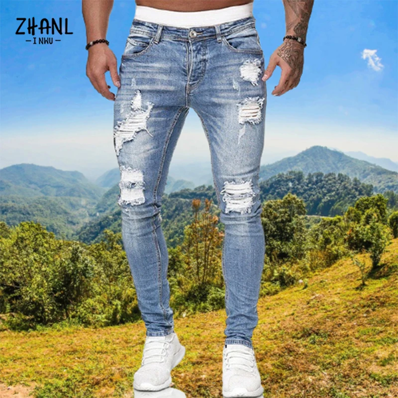 Moda masculina rasgado jeans preto magro ajuste de alta qualidade jeans designer de luxo roupas homem hip hop calças cowboy streetwear