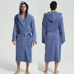 Hooded Bathrobe for Men, 100% Cotton, Thick Warm Towel, Fleece Cotton Dressing Gowns, Long Robe, Hotel Spa, Soft Bridesmaid Robe