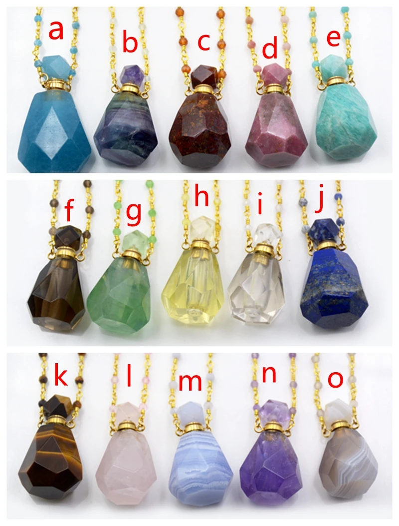 Gemstone Perfume Bottle Necklace, Natural Stone Diffuser with White Crystal Quartz Amazonite Amethyst Bead Chains Necklace