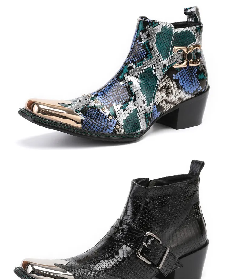 Men's Cowhide Serpentine Print Metal Decor Pointed Toe Belt High‑Heel Short Boots Western Cowboy Boots For Stage Show Party