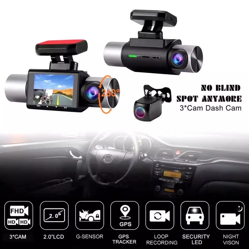 

3 Channels Dash Cam with IR Night Vision FHD 1080P Front 720P Inside Cabin and 720P Rear Dash Camera Wide Angle Lens WDR