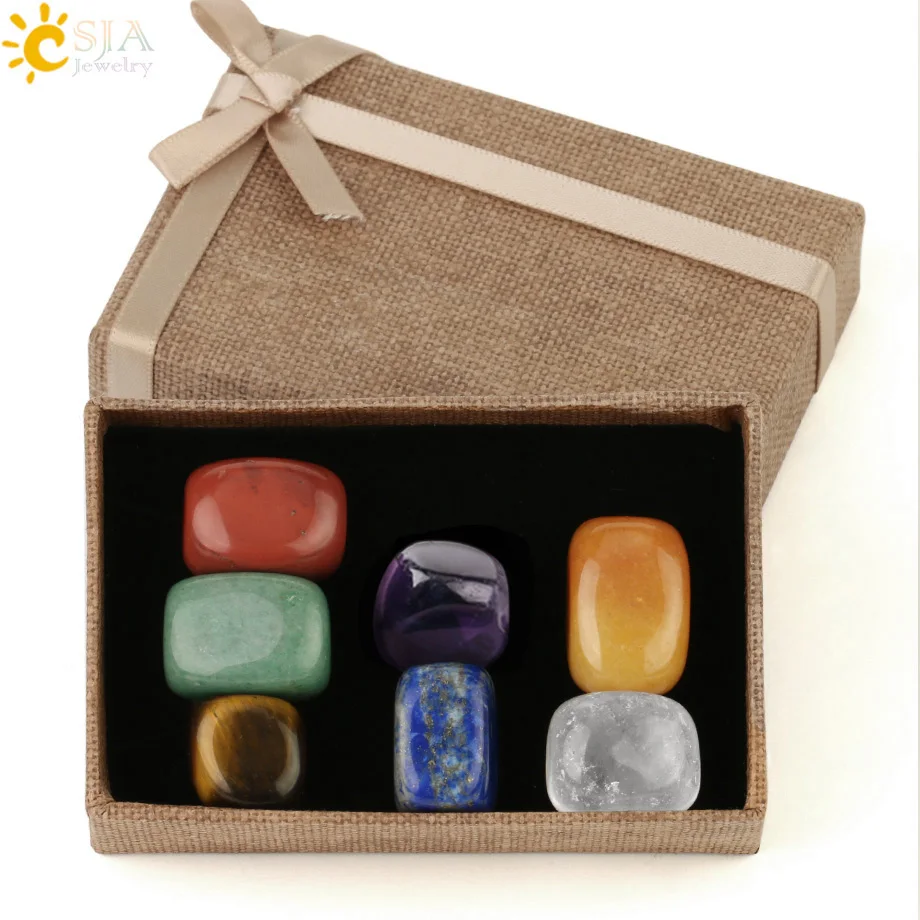 CSJA Irregular Chakra Natural Stone Decoration Tumbled Stones Yoga Reiki Healing 7 Colors Set for Home Decor Hand Playing G191