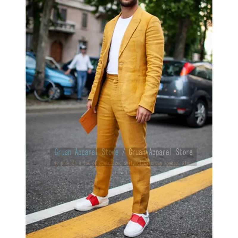 Gold Linen Men Suit 2 Pieces Slim fit Summer Beach Wedding Evening Men Blazers Formal Classic Business Jacket Pants Outfit 2025