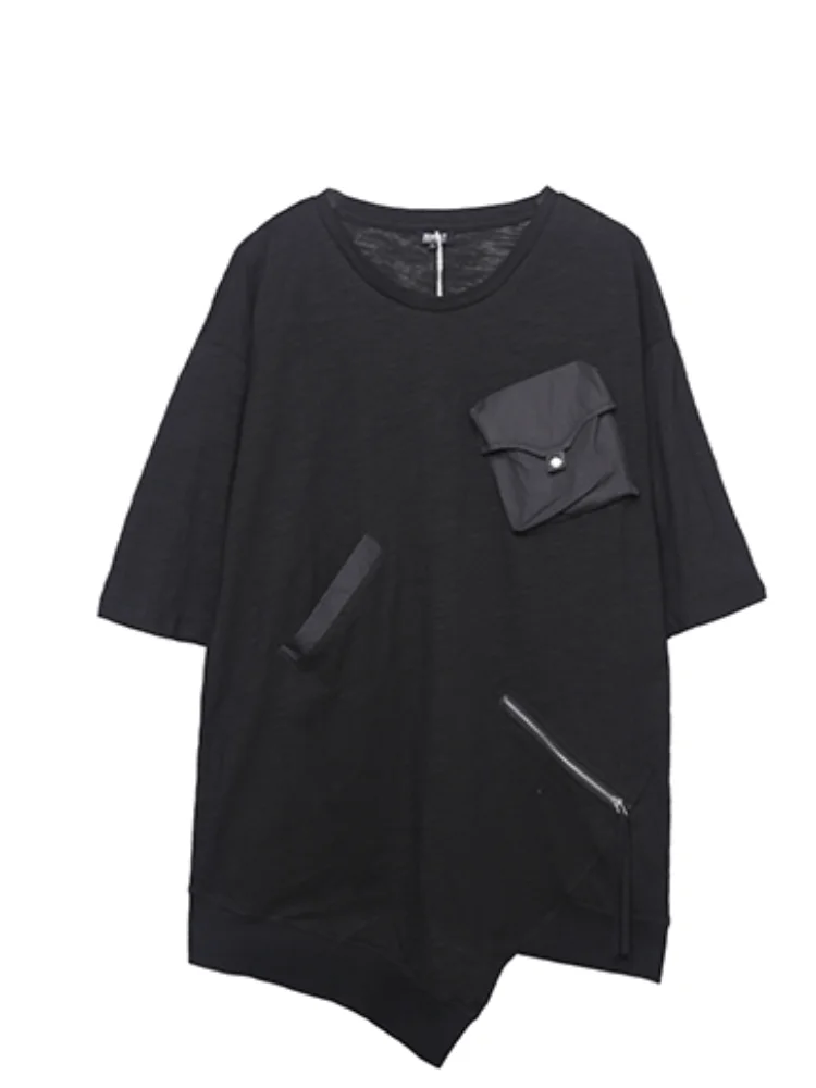 

Men's Short Sleeve T-Shirt Summer New Dark Round Collar Irregular Asymmetrical Personality Pocket Zipper Splice Design T-Shirt