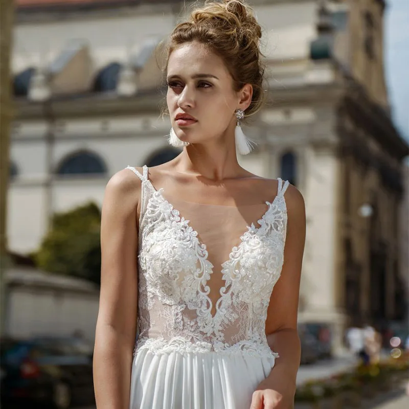 Sexy Boho Wedding Dress Appliques Lace V-neck Backless Side Split Wedding Gowns Chiffon Bride Dresses vestido de mariage