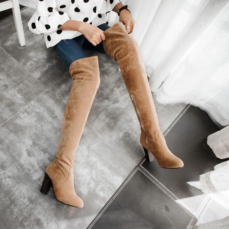 Super High Thick Heel Frosted Flock Plush Lining Women\'s Over-The-Knee Boots Super-Sized Side Zipper Slip-On Simple Long Boots