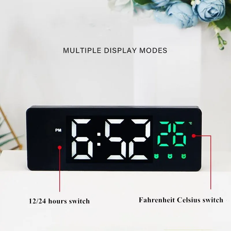 Voice Control Digital Alarm Clock Temperature Date Display Snooze Table Clock 3 Alarms 12/24H Mirror LED Clock With USB Cable