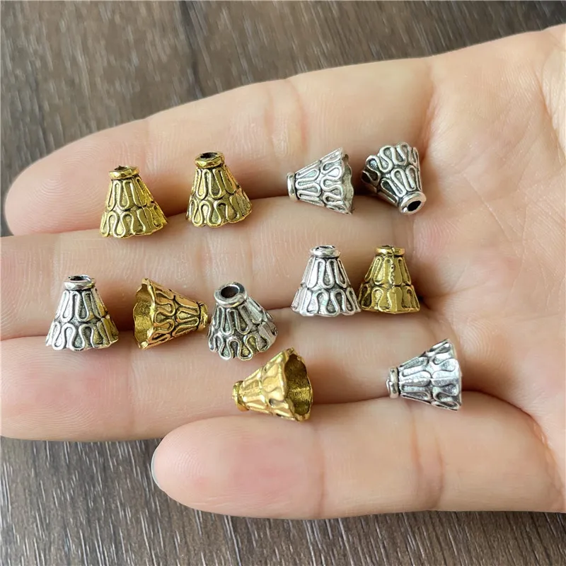 30pcs 9*10mm Antique Silver Bronze Alloy Horn Silk Bead End Caps Cone Jewelry Making Rosary Tassel Components Finder Accessories