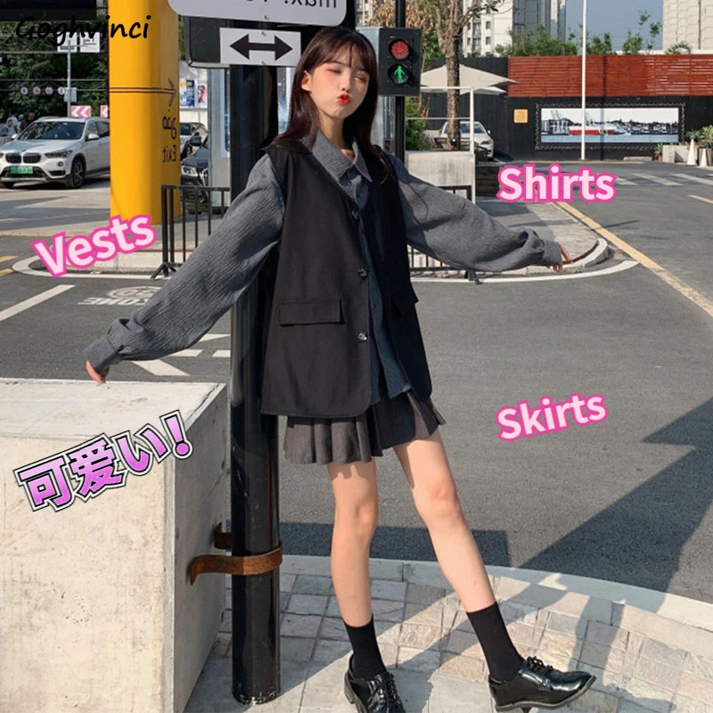 

3piece Sets Women Harajuku Korean Prevalent Baggy Shirts Vintage Vests Hipster Pleated Mini Skirts Luscious Womens Fashion Charm