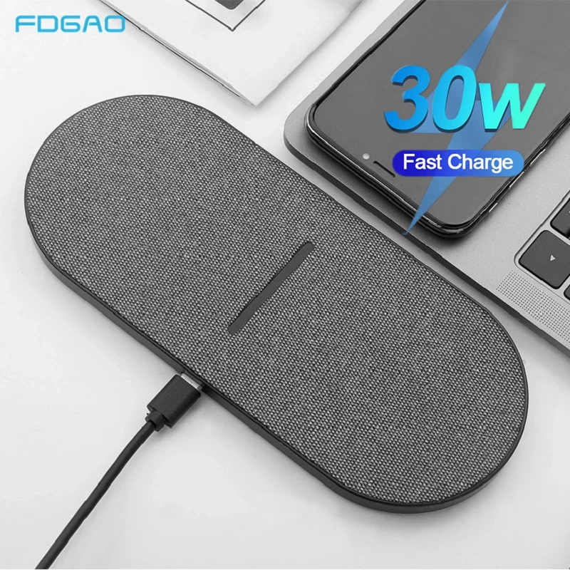 2 in 1 30W Dual Seat Wireless Charger for Samsung S24 S23 Double Fast Charging Pad For iPhone 15 14 13 12 11 XS XR Airpods 3 Pro