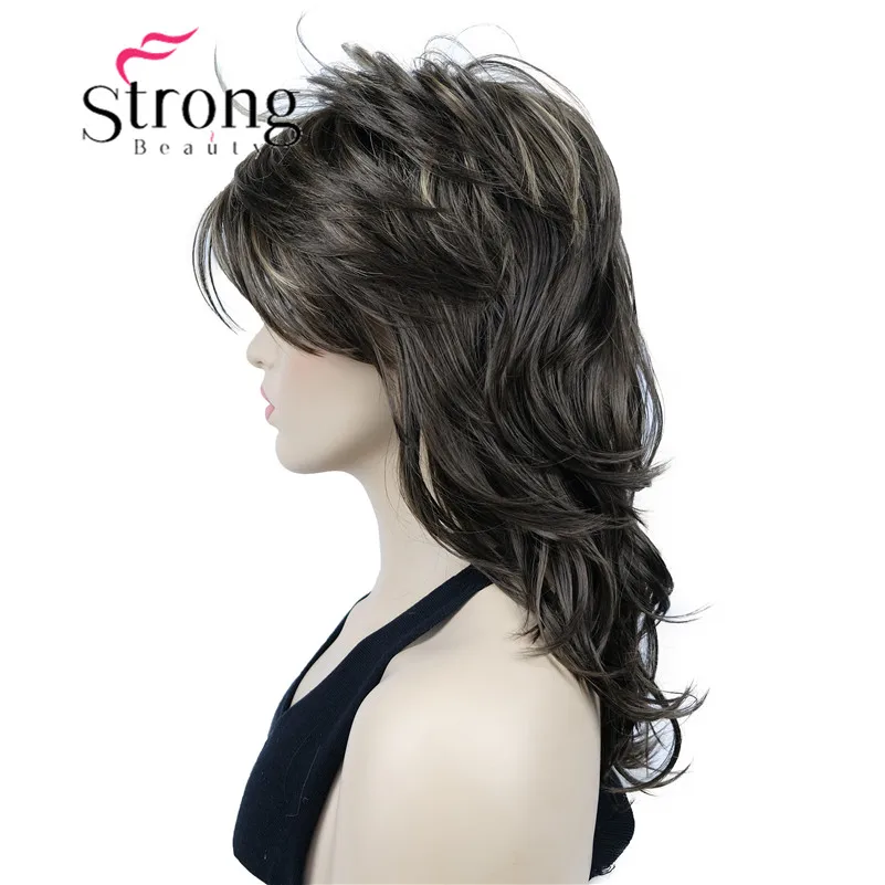 StrongBeauty Brown Highlighted Long Wavy Soft Layered Shag Synthetic Wig for Women