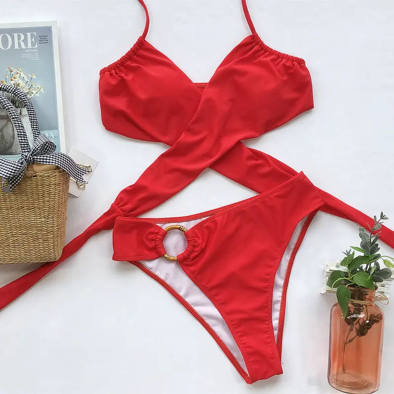 Sexy Red Swimsuit Cross Bandage Bikini High Waisted Swimwear 2 Pieces 2020 Biquini Women Padded Swimsuit Halter Bathing Suit
