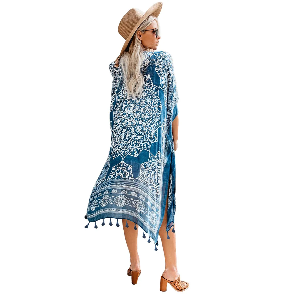 TEELYNN z etnicznym kwiatowym nadrukiem długa bluzka boho bikini na plażę coverup damska suknia fringe tunika letni kardigan swim kimono cover up