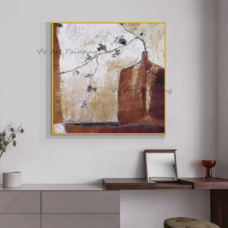 Earth Tone Vase Abstract Canvas Painting, 100% Handpainted Minimalist Graphic Art, Unframed Bedroom Wall Picture