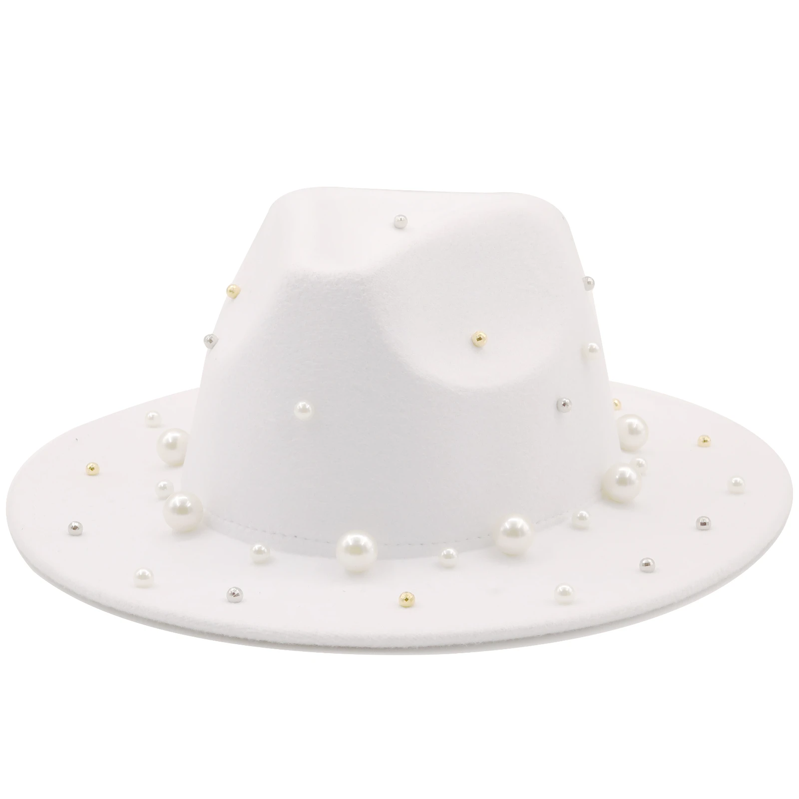New Women Men Wool Fedora Hat With Big Pearl Gentleman Elegant Lady Winter Autumn Wide Brim Church Panama Sombrero Jazz Cap