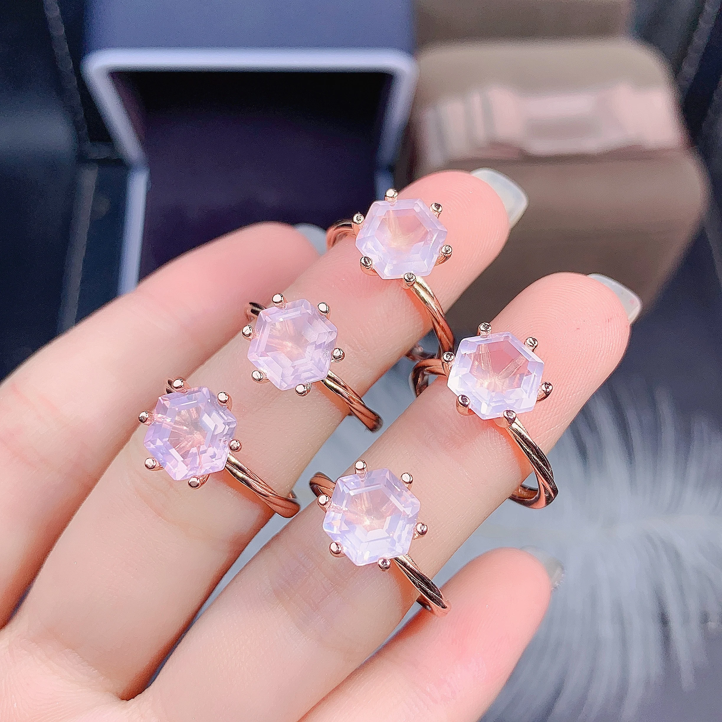 Simple Style Twins Band Ring Hexagon Natural Rose Quartz Ring In 925 Sterling Silver Engagement Wedding Rings For Women Gift