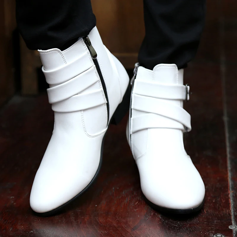 VUSUVON Fashion Men Spring Autumn Pointed Toe Height Increase Chelsea Ankle Boots Western High Top Casual Shoe PU Leather