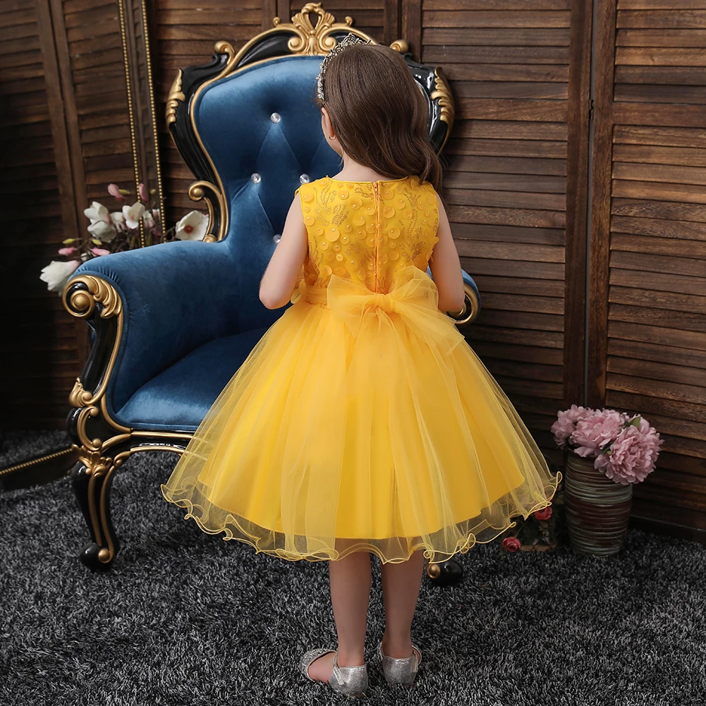 European Style Bead Night Dress for Kids Bow Knee Length Birthday Dress for Girls Multi-Layer Mesh for 10 Years Girl Dresses