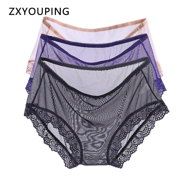 Ultra Thin Lace Mesh Panties Women Sexy Full Transparent Seamless Briefs Mid Waist Plus Size Lingerie Breathable
