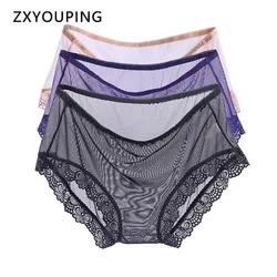 Ultra Thin Lace Mesh Panties Women Sexy Full Transparent Seamless Briefs Mid Waist Plus Size  Lingerie Breathable