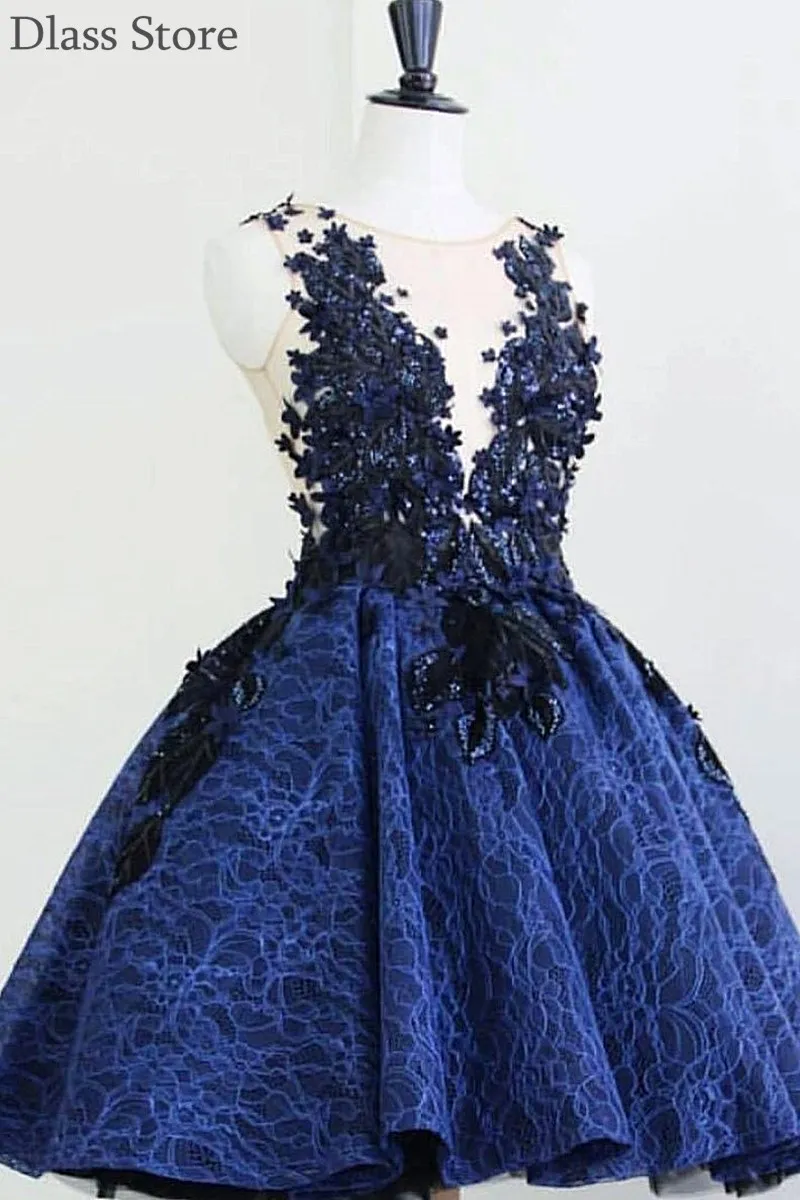 Robe de Cocktail bleu Royal sans manches, col rond, ligne a, paillettes appliquées, lacets, Mini jupe pour filles, robe de soirée