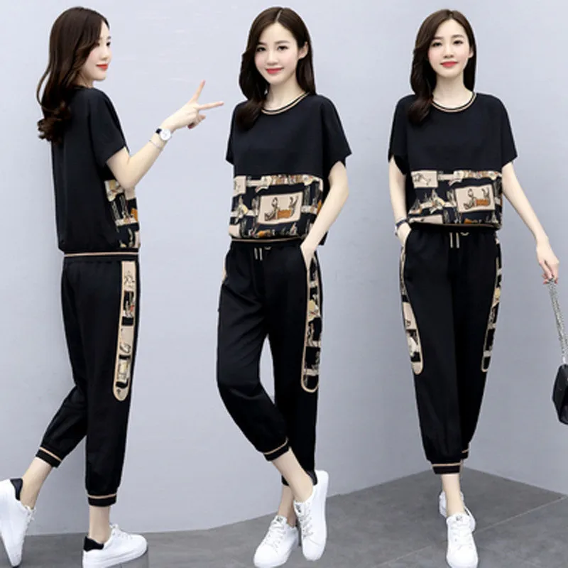 Fashion Summer Women Sets Casual Female Sportswear Suit Printed Short Sleeve Tshirts+ Pants Two-piece Set Large Size