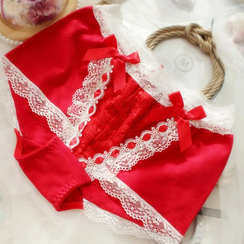 Women Cute Panties Large Sizes New Japanese Kawaii Sexy Lace Red Cotton Underwear Female Plus Size Women\'s Cotton Briefs 7XL