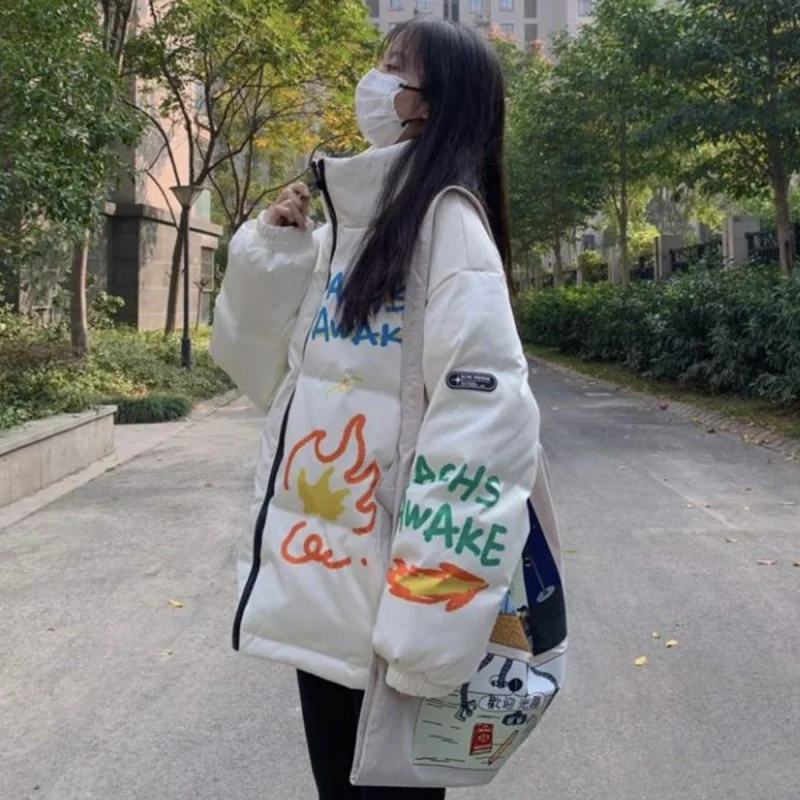 ผู้หญิง Kawaii การ์ตูน Graffiti หลวม Fit ฤดูหนาวหนาอบอุ่น Parkas ดอกไม้พิมพ์ Casual Streetwear ลงเสื้อ Harajuku เสื้อกันหนาว