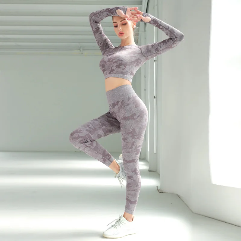 Women 2pcs Seamless Yoga Set Sport Suit Gymwear Workout Clothes Long Sleeve Gym Crop Top High Waist Leggings Fitness Sports Wea