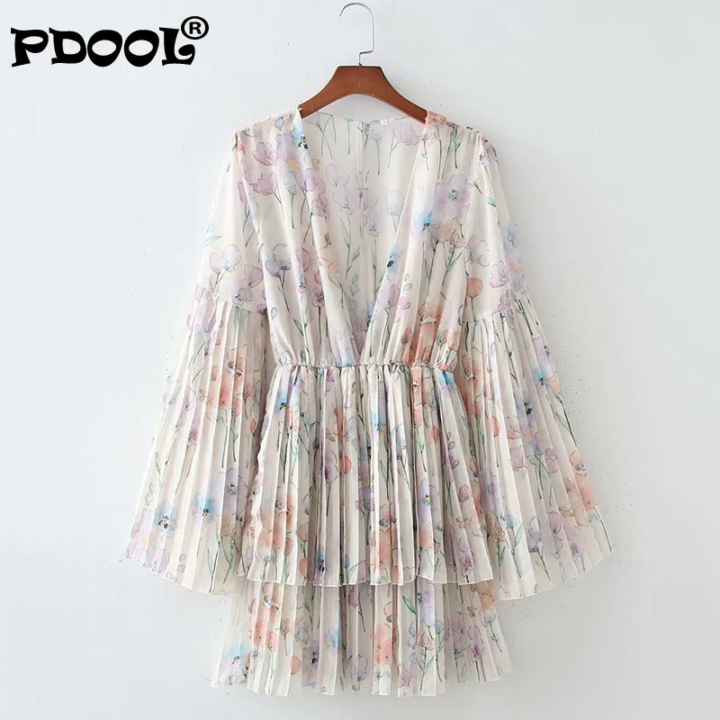 

2023 Fashion Women Flowers Print Pleated Dress Flare Long Sleeve Ladies Mini Dress