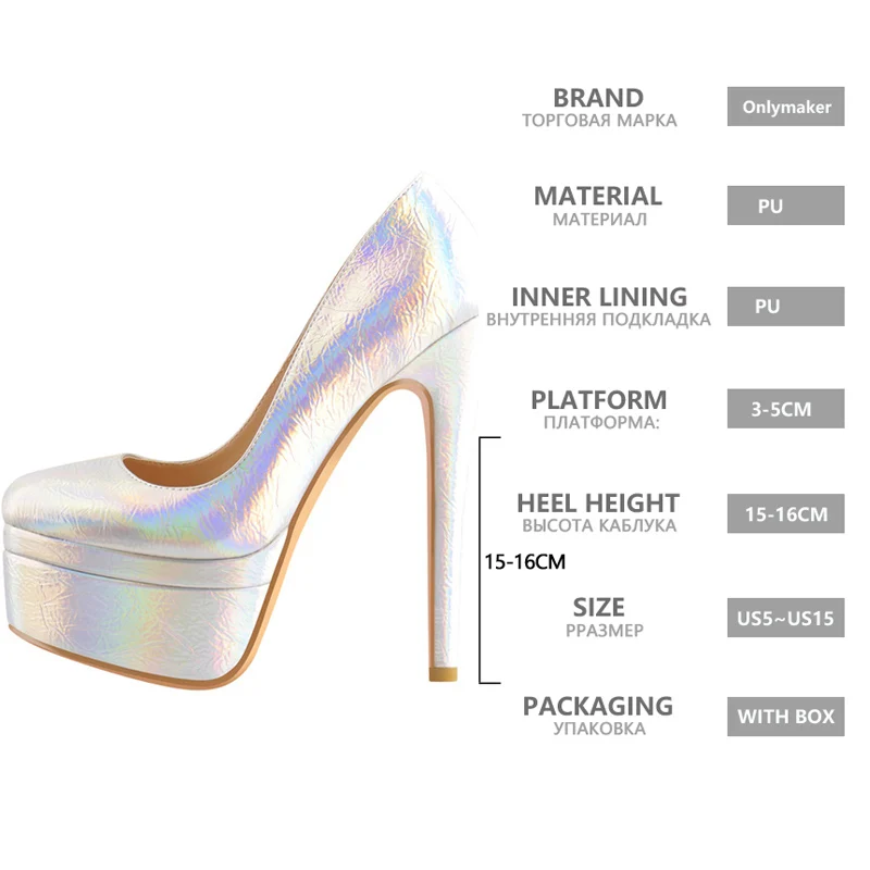 Onlymaker Women Colorful Round Toe 16CM High Heel Platform Stiletto Slip On Pumps For Party Dressing Gold and Silver Shoes